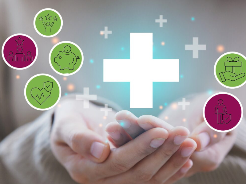 Gefaltete Hände und Einblendungen mit Symbolen.