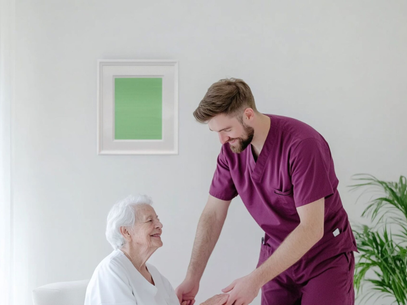 Pfleger hilft alter Frau aufzustehen.