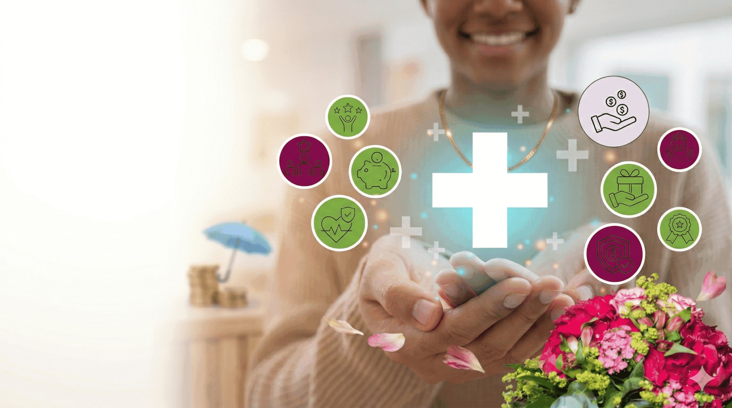 Gefaltete Hände und Grafiken.